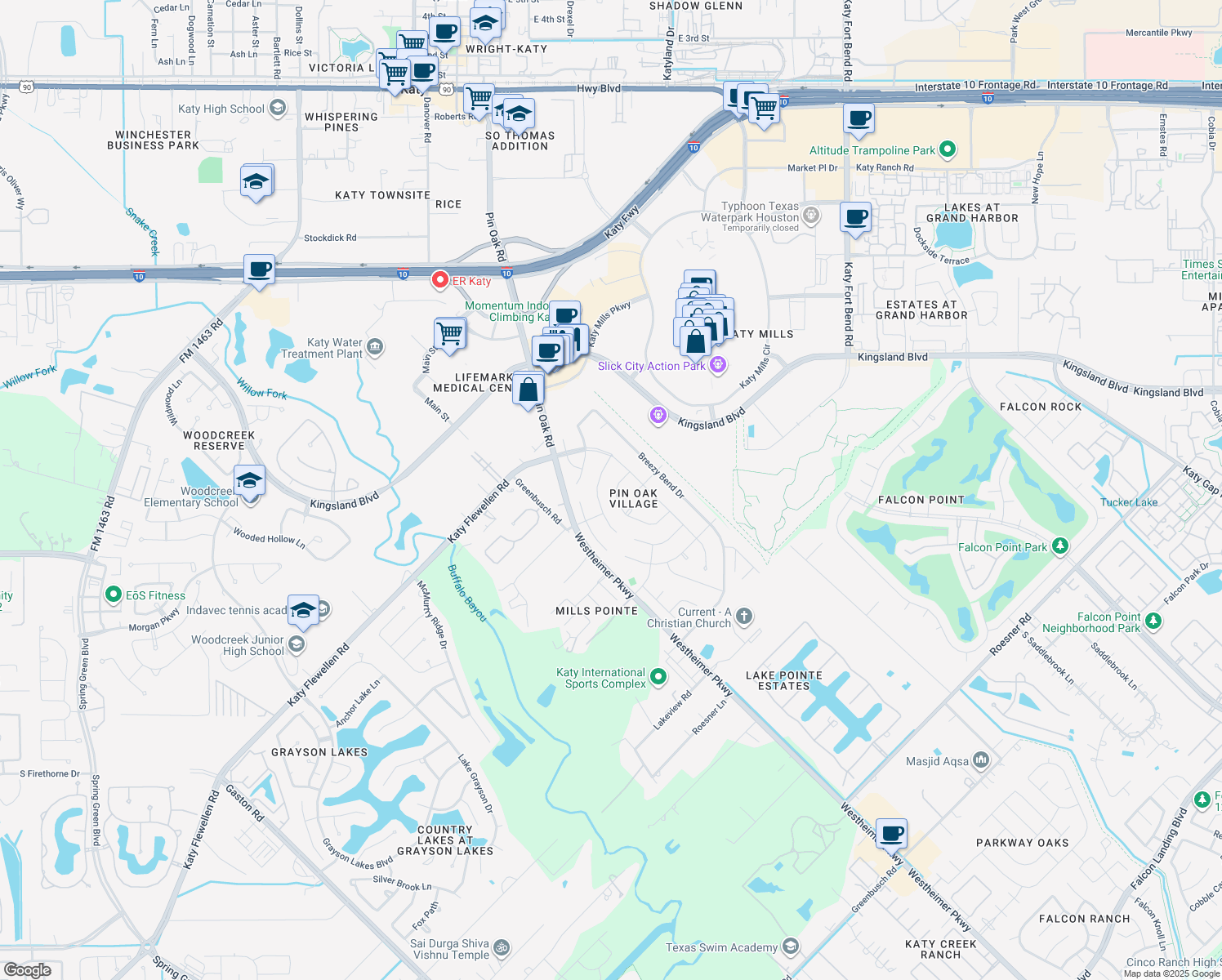 map of restaurants, bars, coffee shops, grocery stores, and more near 24718 Brattle Drive in Katy