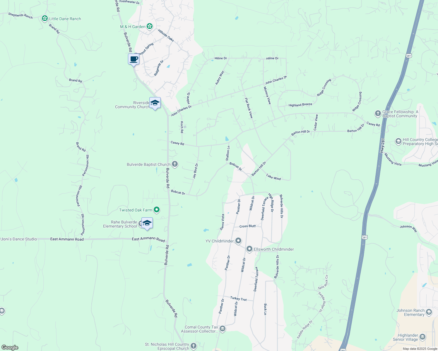 map of restaurants, bars, coffee shops, grocery stores, and more near 2342 Bobcat Drive in Bulverde