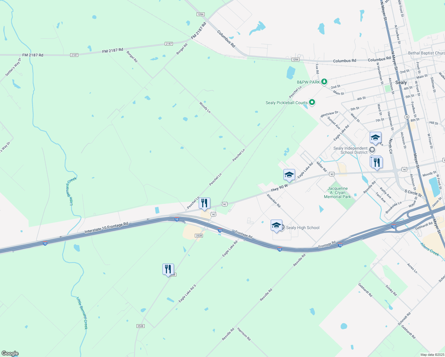 map of restaurants, bars, coffee shops, grocery stores, and more near 1439 Peschel Ln in Sealy