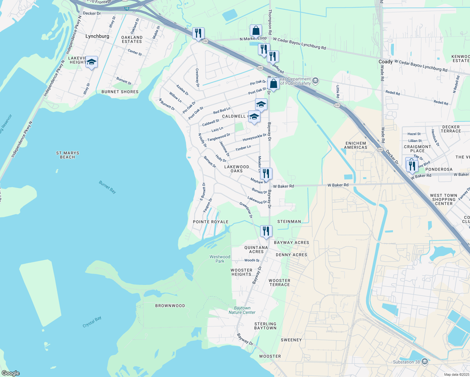 map of restaurants, bars, coffee shops, grocery stores, and more near 206 Lakewood Dr in Baytown