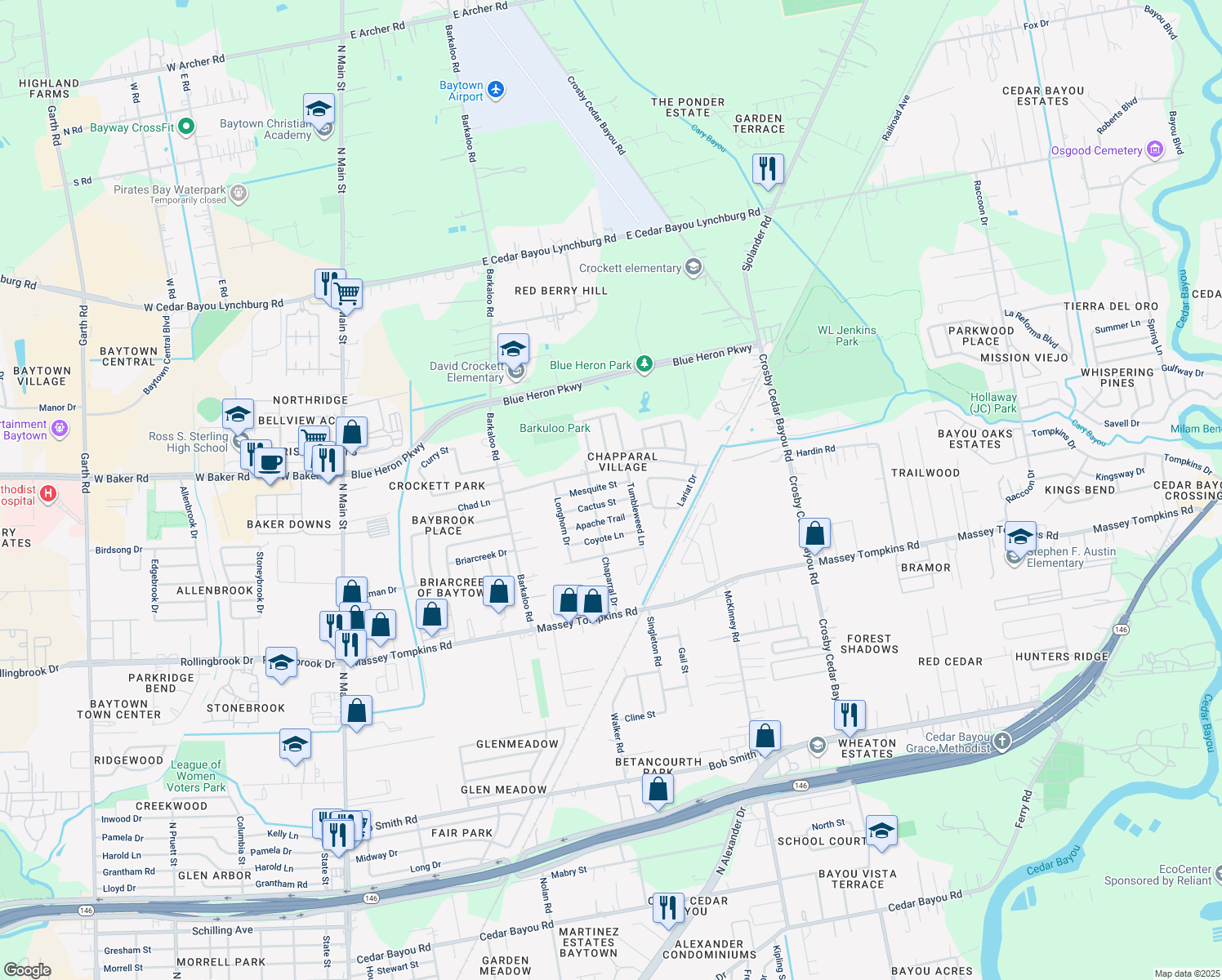 map of restaurants, bars, coffee shops, grocery stores, and more near 1309 Mesquite Street in Baytown