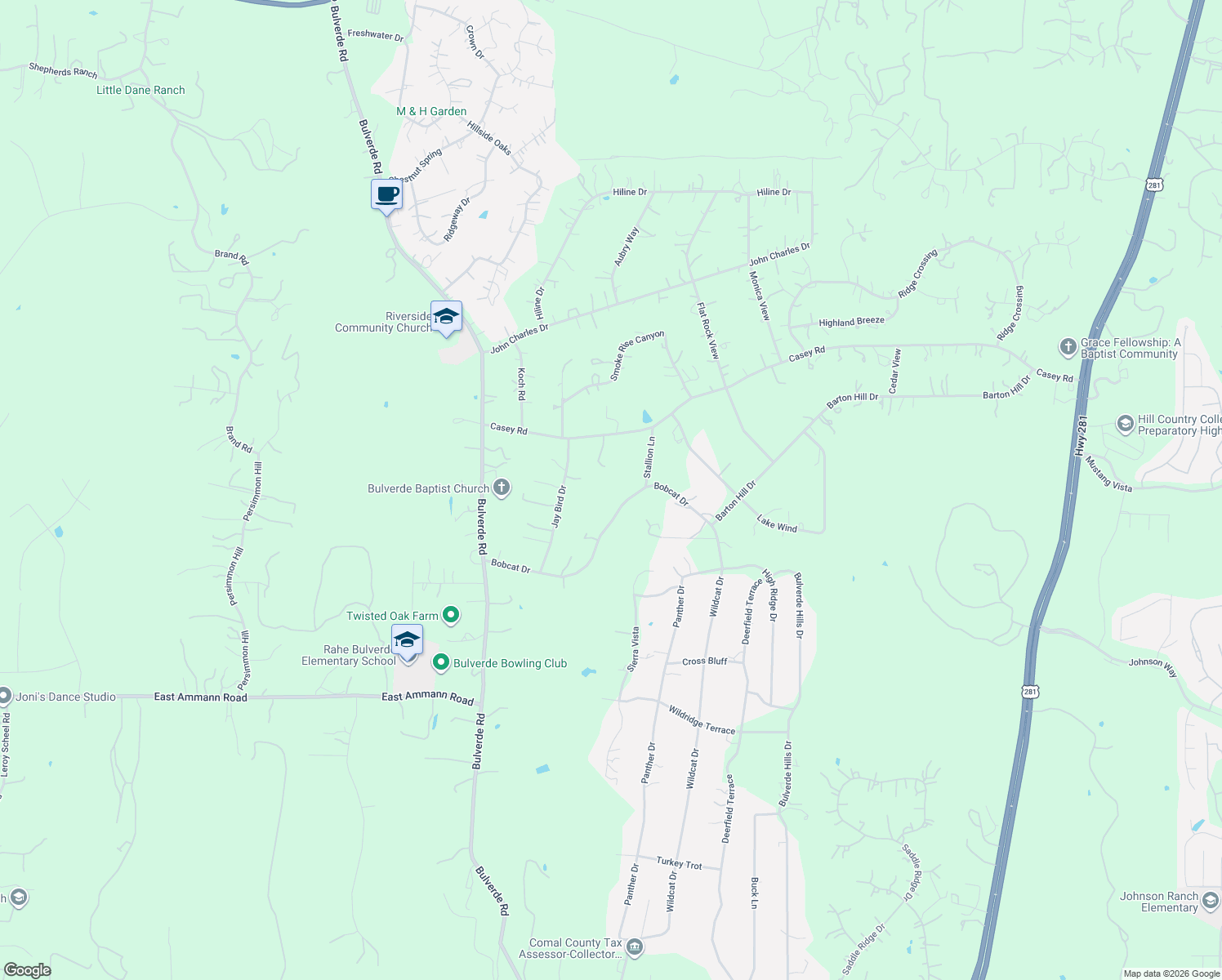 map of restaurants, bars, coffee shops, grocery stores, and more near 2351 Bobcat Drive in Bulverde