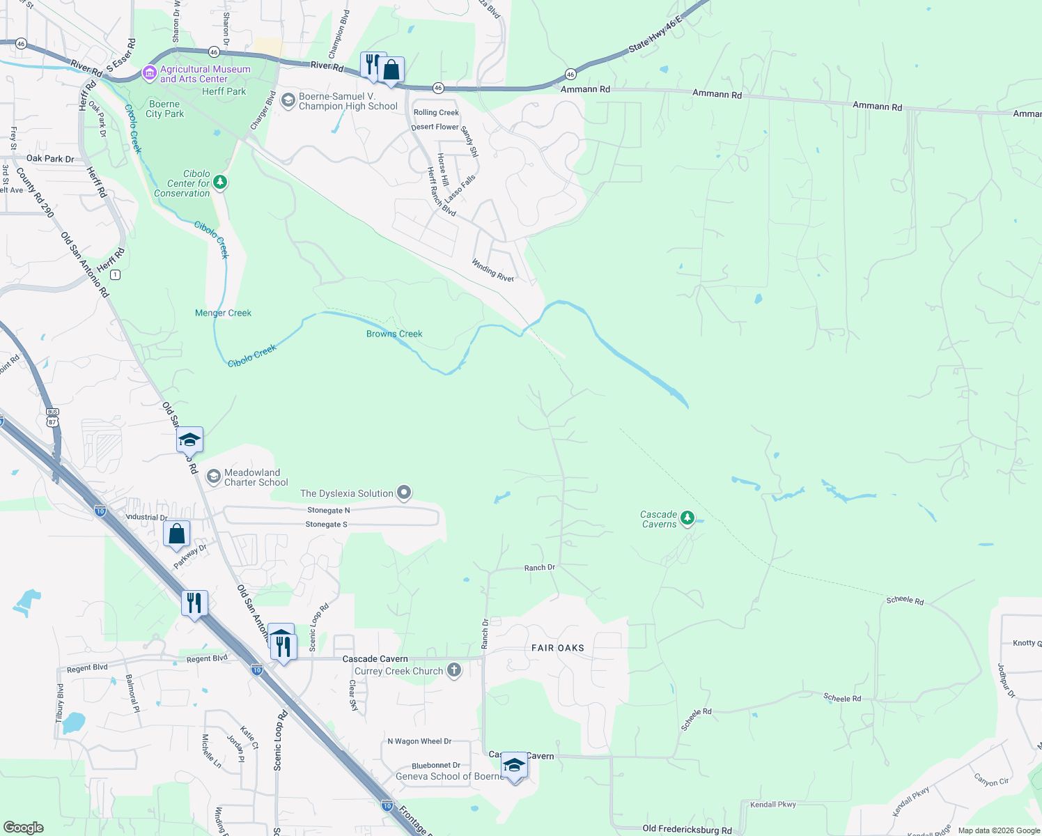 map of restaurants, bars, coffee shops, grocery stores, and more near 160 Ranch Drive in Boerne