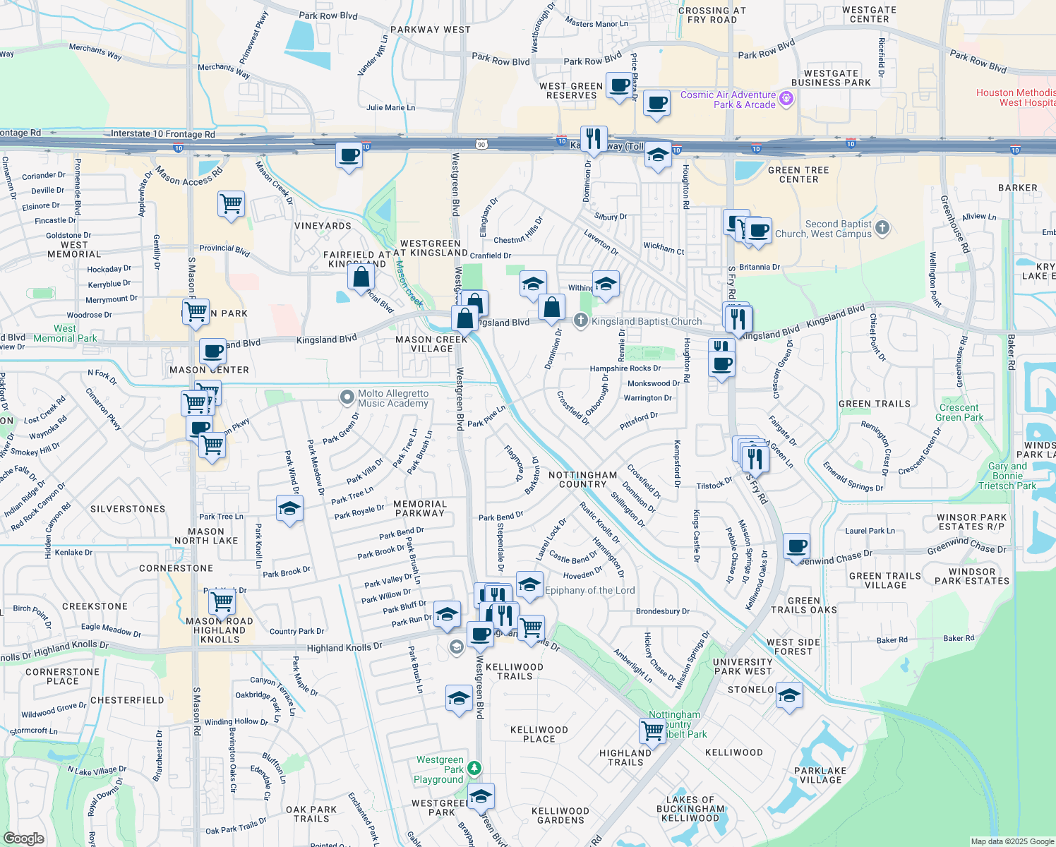 map of restaurants, bars, coffee shops, grocery stores, and more near 1026 Shillington Dr in Katy