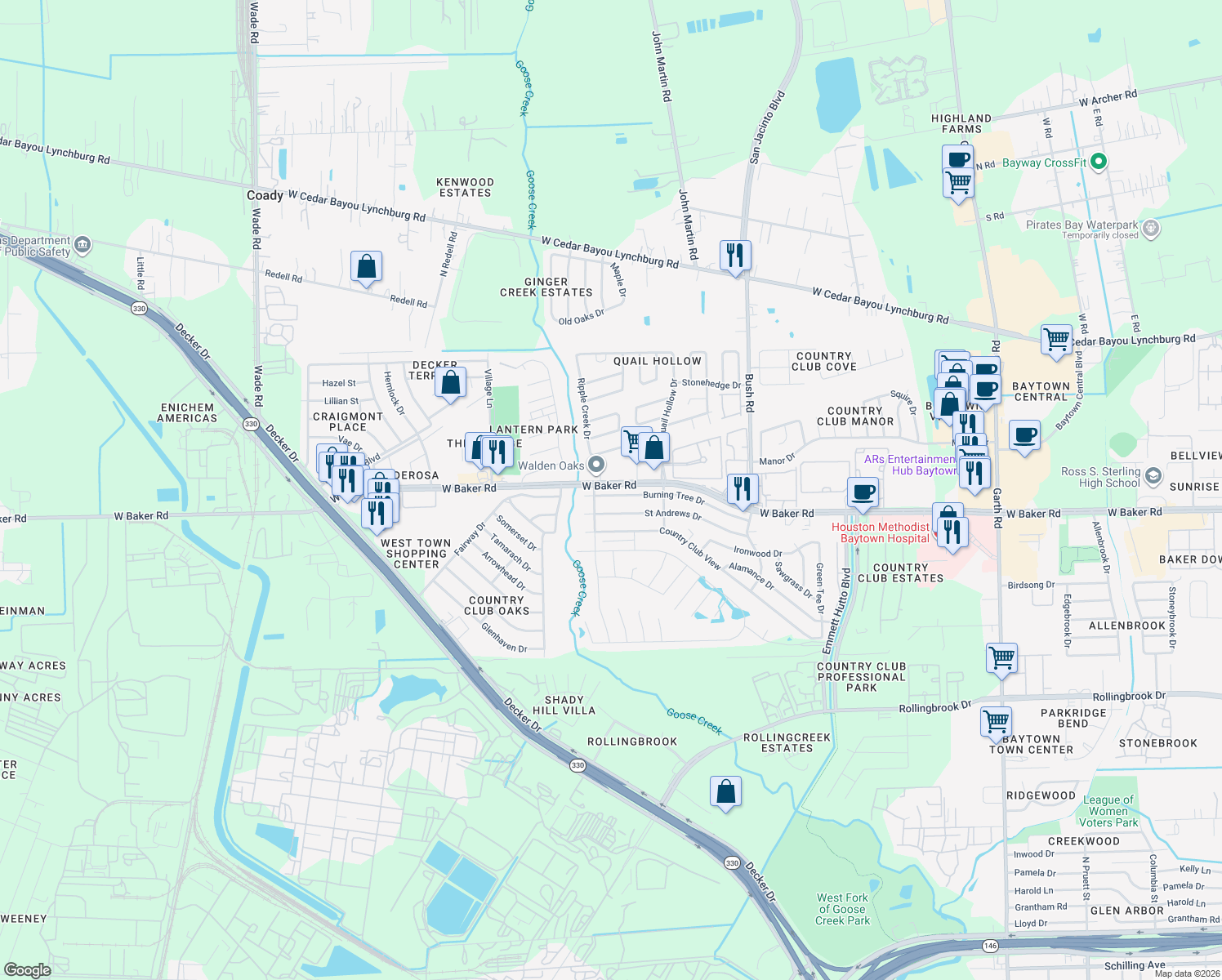 map of restaurants, bars, coffee shops, grocery stores, and more near 4816 Burning Tree Drive in Baytown