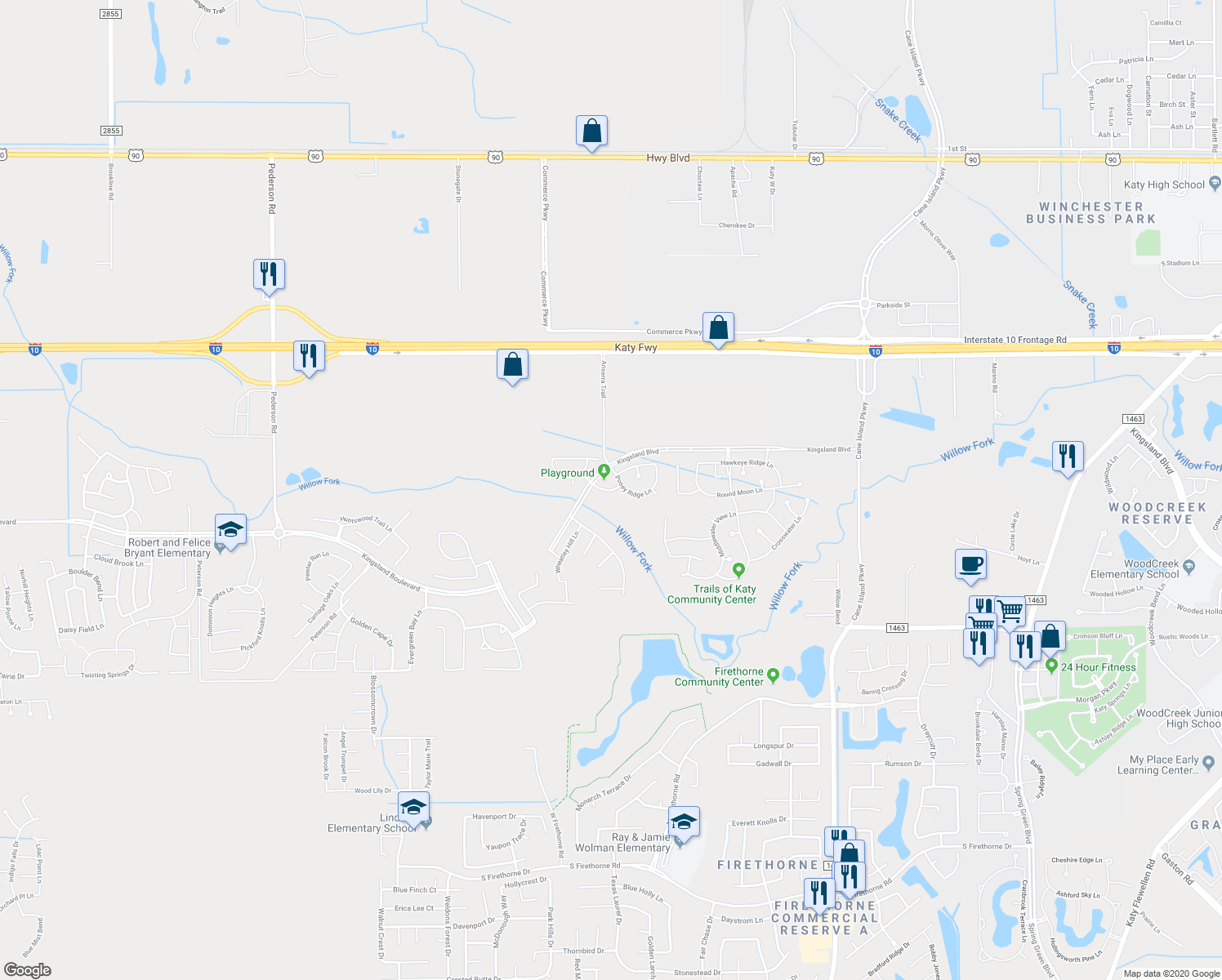 map of restaurants, bars, coffee shops, grocery stores, and more near 28519 Fielder Village Lane in Katy