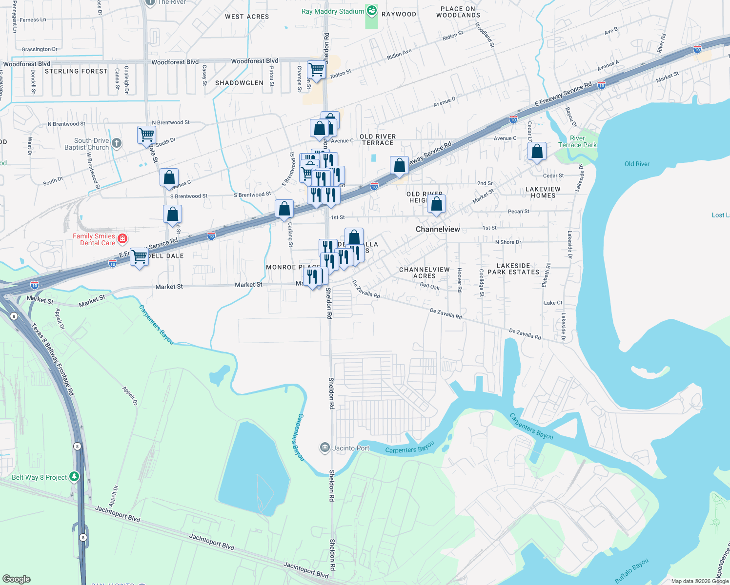 map of restaurants, bars, coffee shops, grocery stores, and more near 15328 Channelview Drive in Channelview