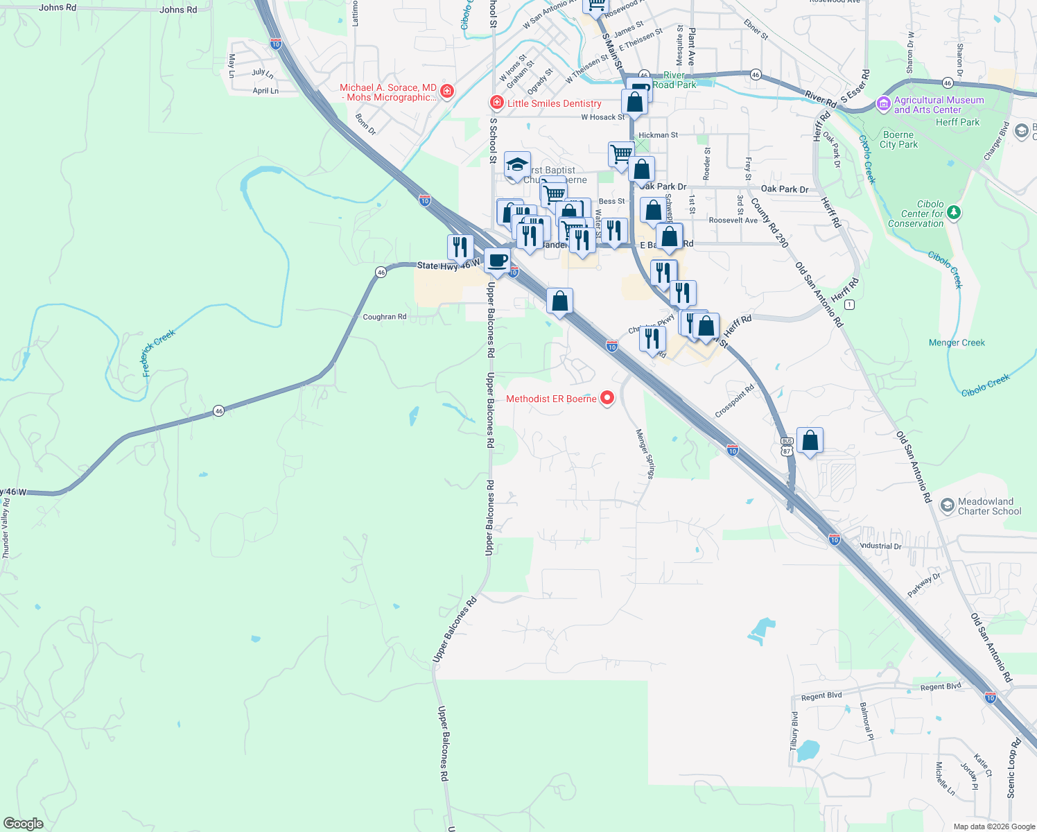 map of restaurants, bars, coffee shops, grocery stores, and more near 225 Knoll Springs in Boerne