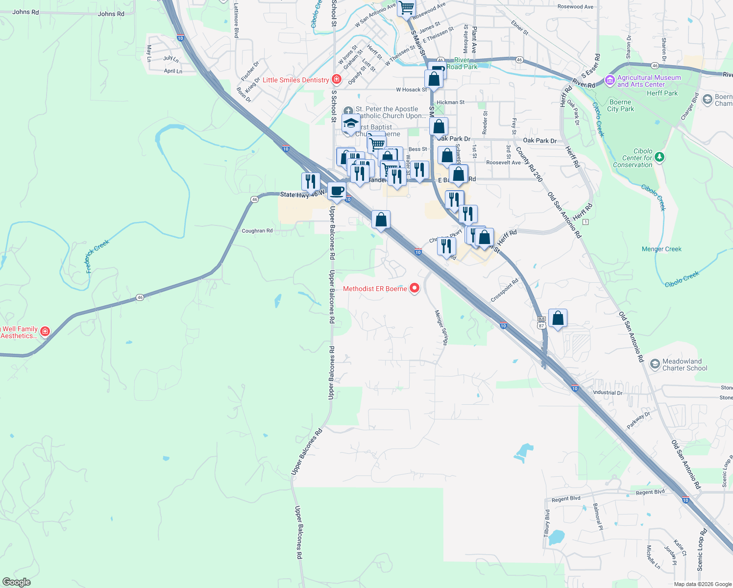 map of restaurants, bars, coffee shops, grocery stores, and more near 430 Knoll Springs in Boerne