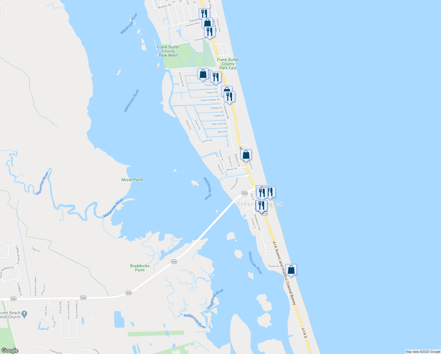 map of restaurants, bars, coffee shops, grocery stores, and more near 6699 Nassau Street in St. Augustine