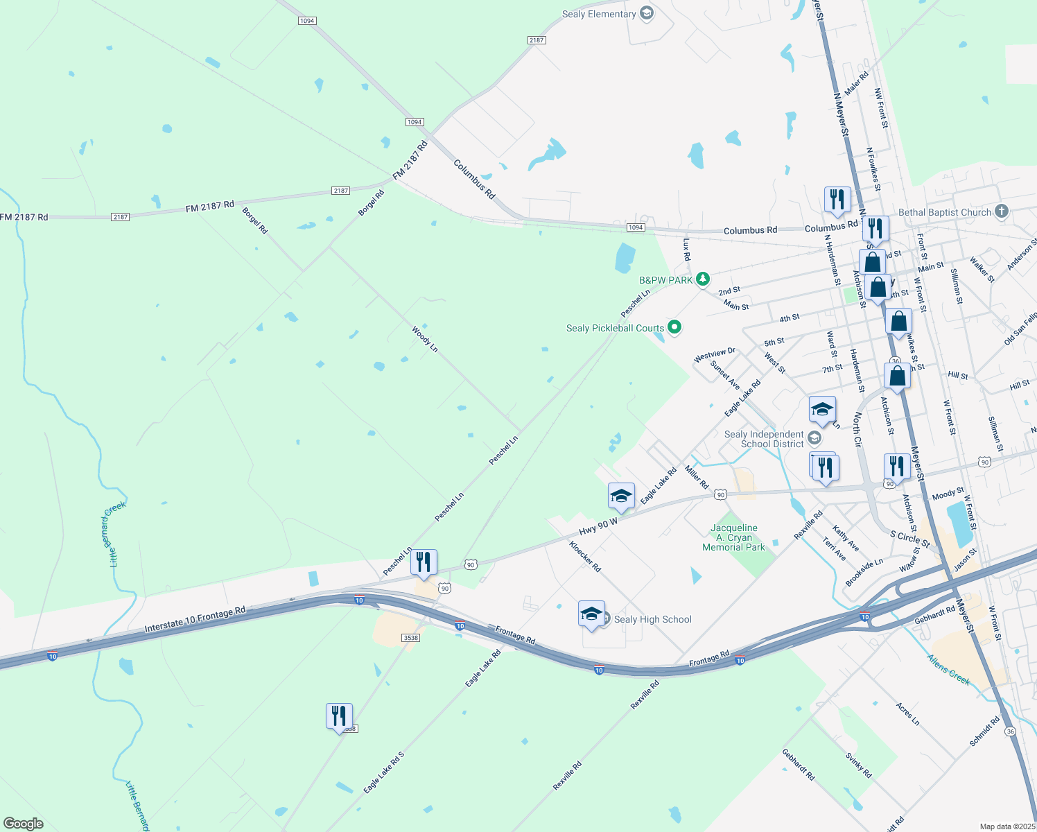 map of restaurants, bars, coffee shops, grocery stores, and more near 1158 Woody Lane in Sealy