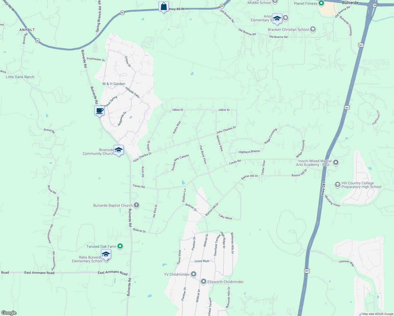 map of restaurants, bars, coffee shops, grocery stores, and more near 32525 Flat Rock View in Bulverde