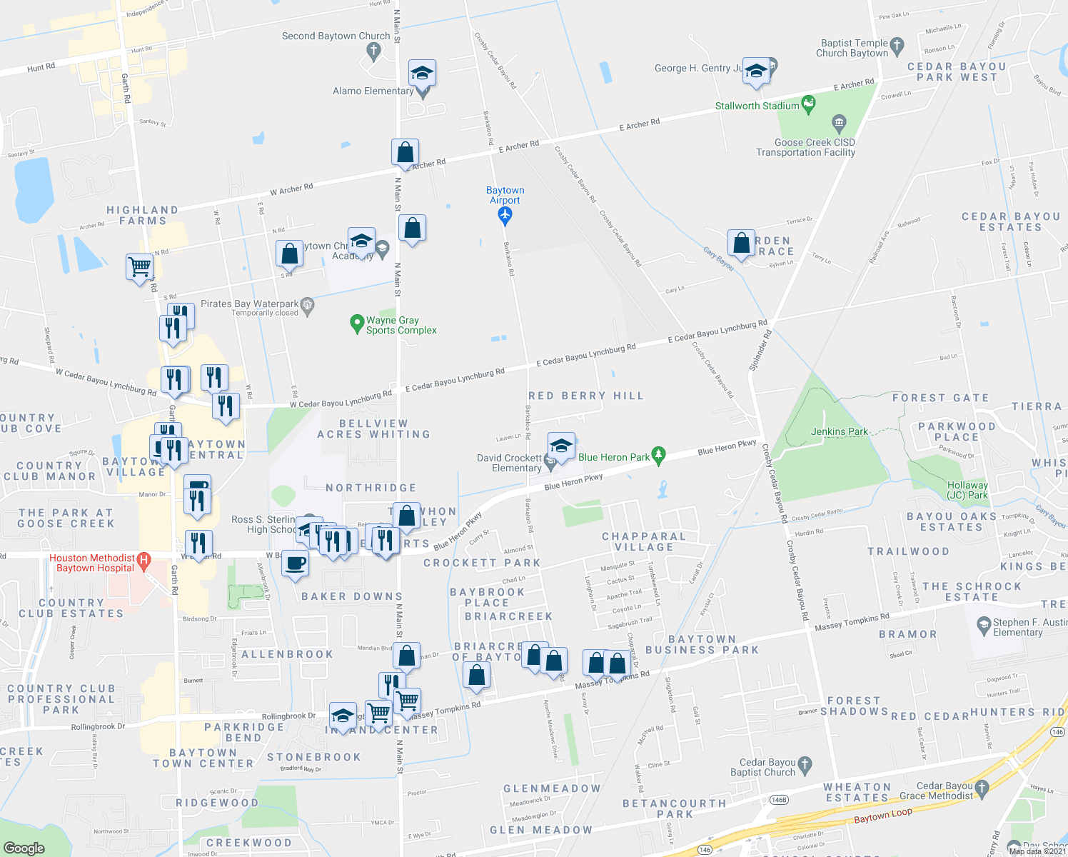 map of restaurants, bars, coffee shops, grocery stores, and more near 802 Redberry Hill Street in Baytown