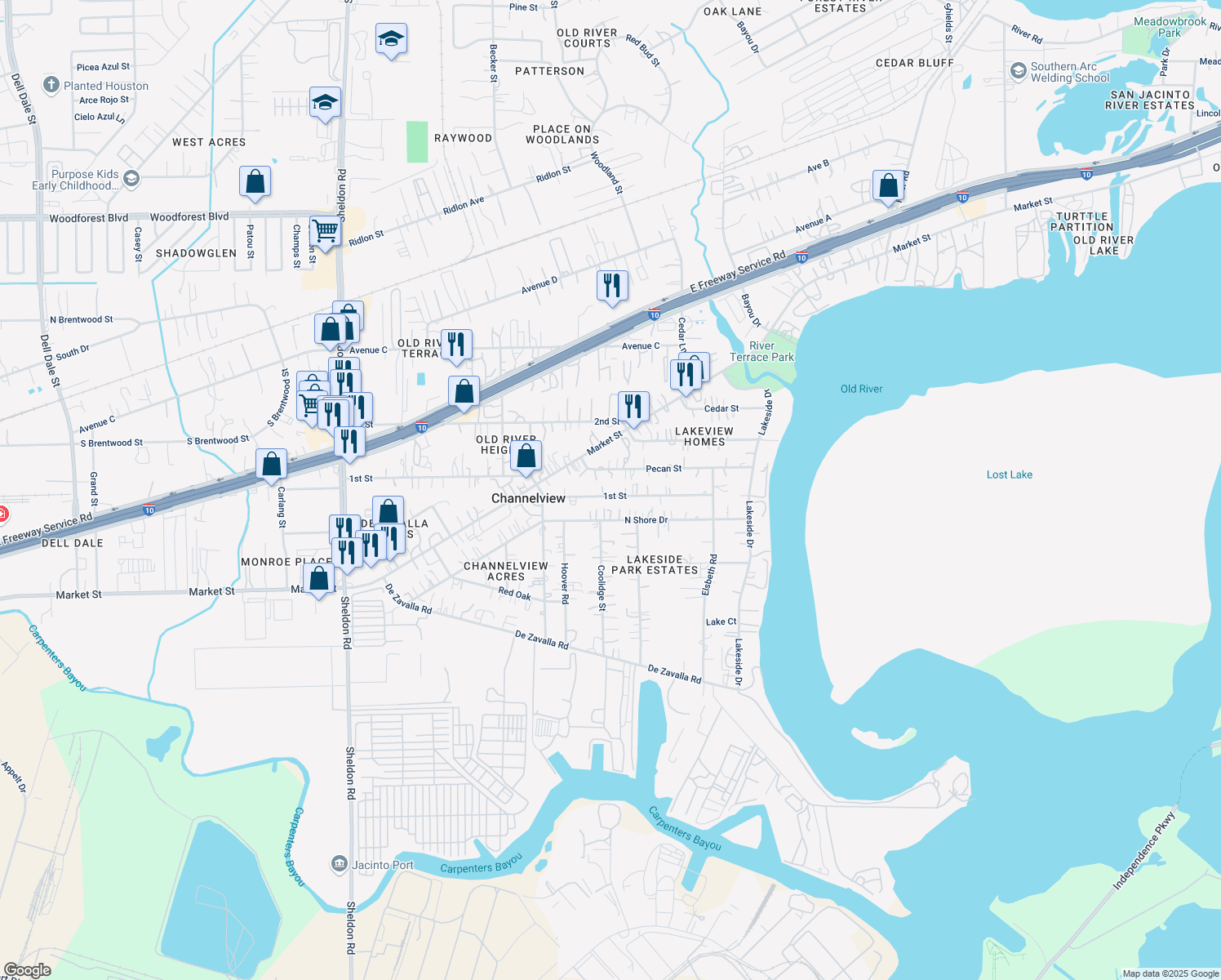 map of restaurants, bars, coffee shops, grocery stores, and more near 16309 1st Street in Channelview