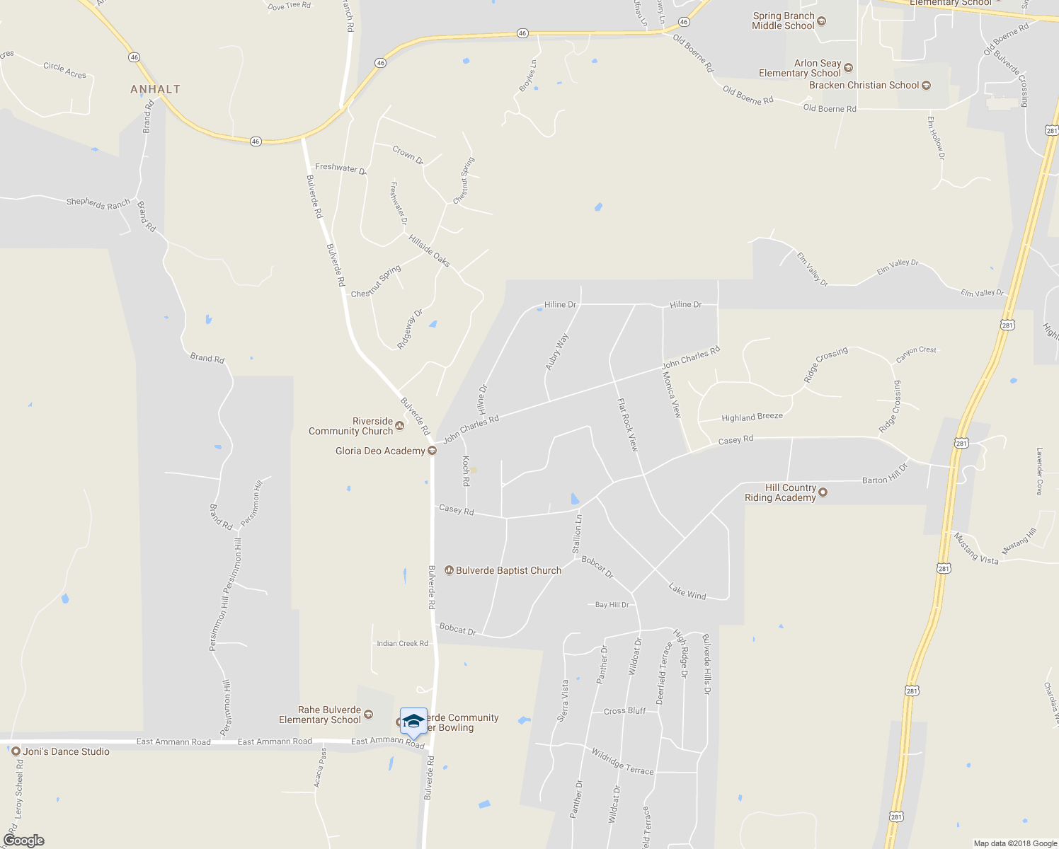 map of restaurants, bars, coffee shops, grocery stores, and more near 2290 John Charles Road in Bulverde