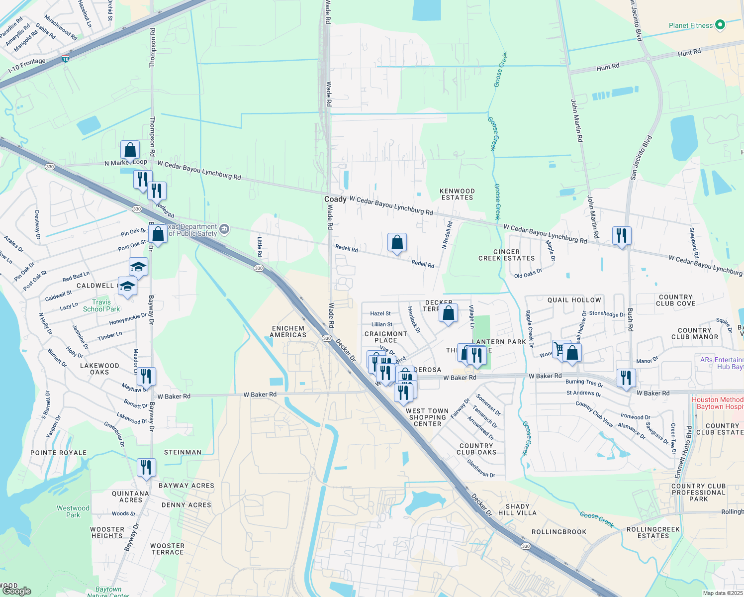 map of restaurants, bars, coffee shops, grocery stores, and more near 5420 Shirley Street in Baytown