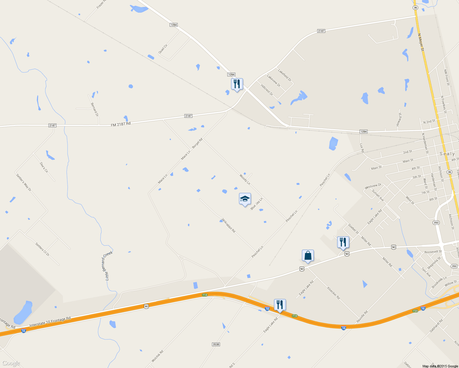 map of restaurants, bars, coffee shops, grocery stores, and more near 1713 Woody Lane in Sealy