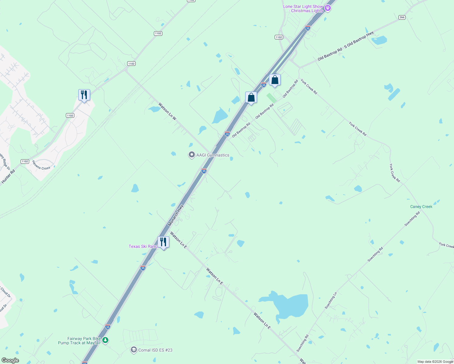 map of restaurants, bars, coffee shops, grocery stores, and more near 165 Herber in New Braunfels