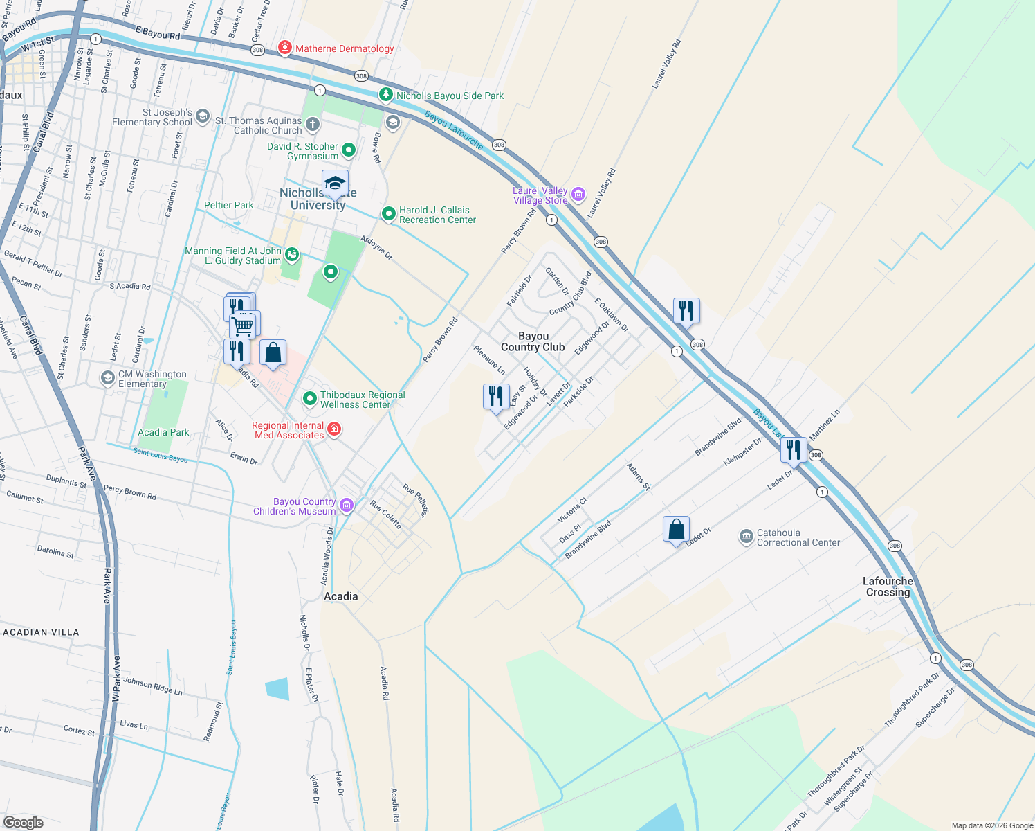 map of restaurants, bars, coffee shops, grocery stores, and more near 498 Easy St in Thibodaux