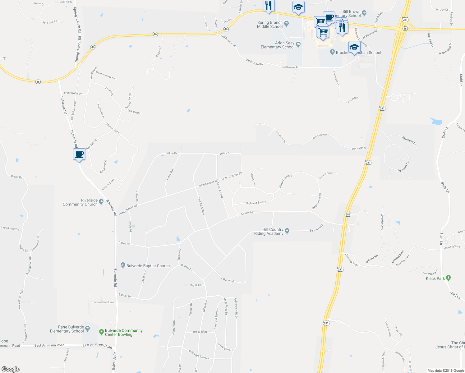 map of restaurants, bars, coffee shops, grocery stores, and more near 32808 Green View in Bulverde