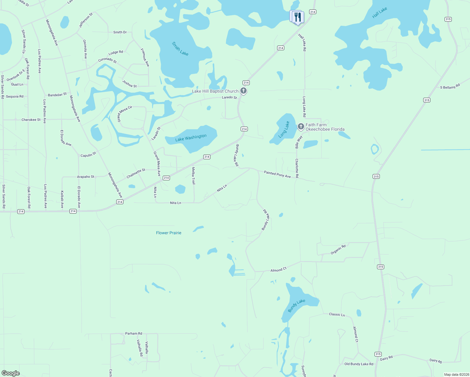 map of restaurants, bars, coffee shops, grocery stores, and more near 7670 Bundy Lake Road in Keystone Heights