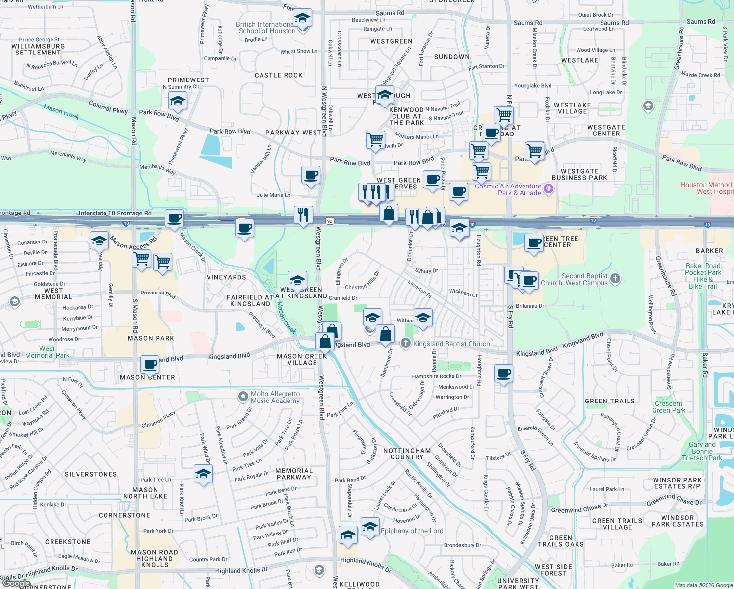 map of restaurants, bars, coffee shops, grocery stores, and more near 20630 Cranfield Drive in Katy