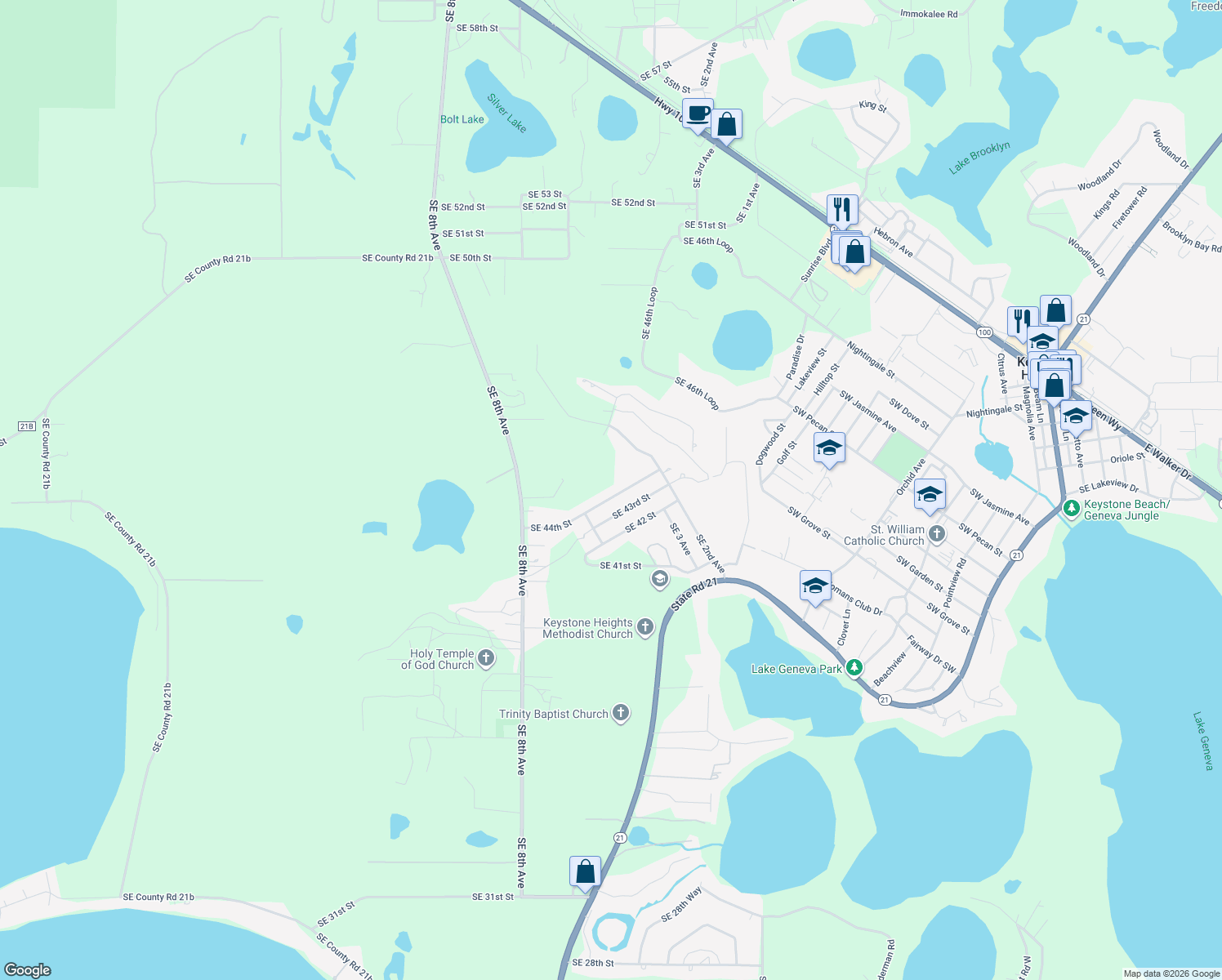 map of restaurants, bars, coffee shops, grocery stores, and more near 565 Southeast 44th Street in Keystone Heights