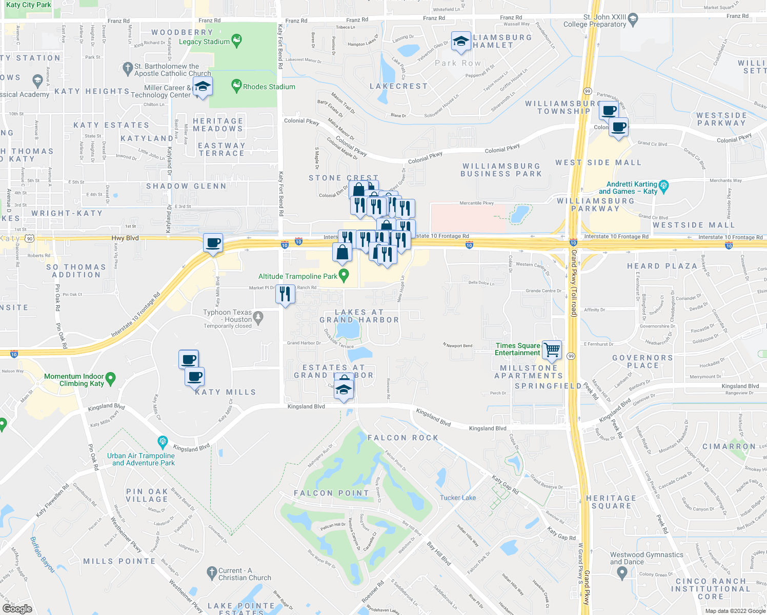 map of restaurants, bars, coffee shops, grocery stores, and more near 24230 Courtland Oaks St in Katy