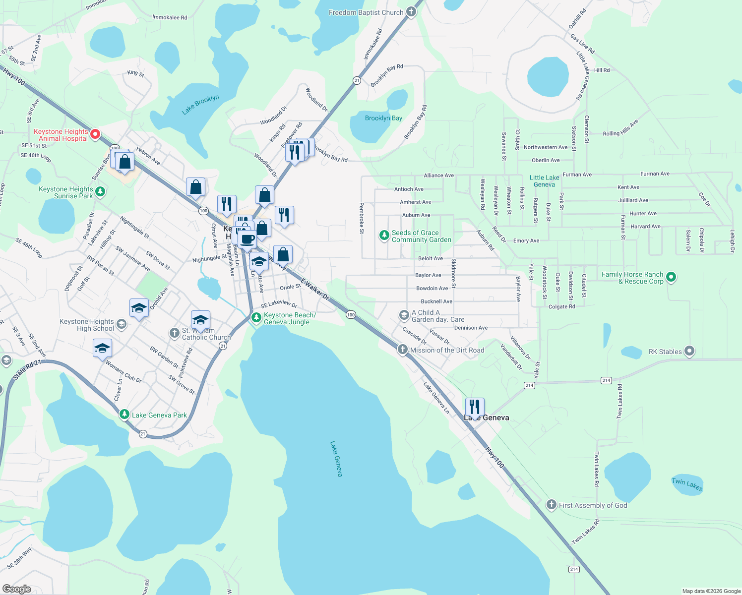 map of restaurants, bars, coffee shops, grocery stores, and more near 6422 Bucknell Avenue in Keystone Heights