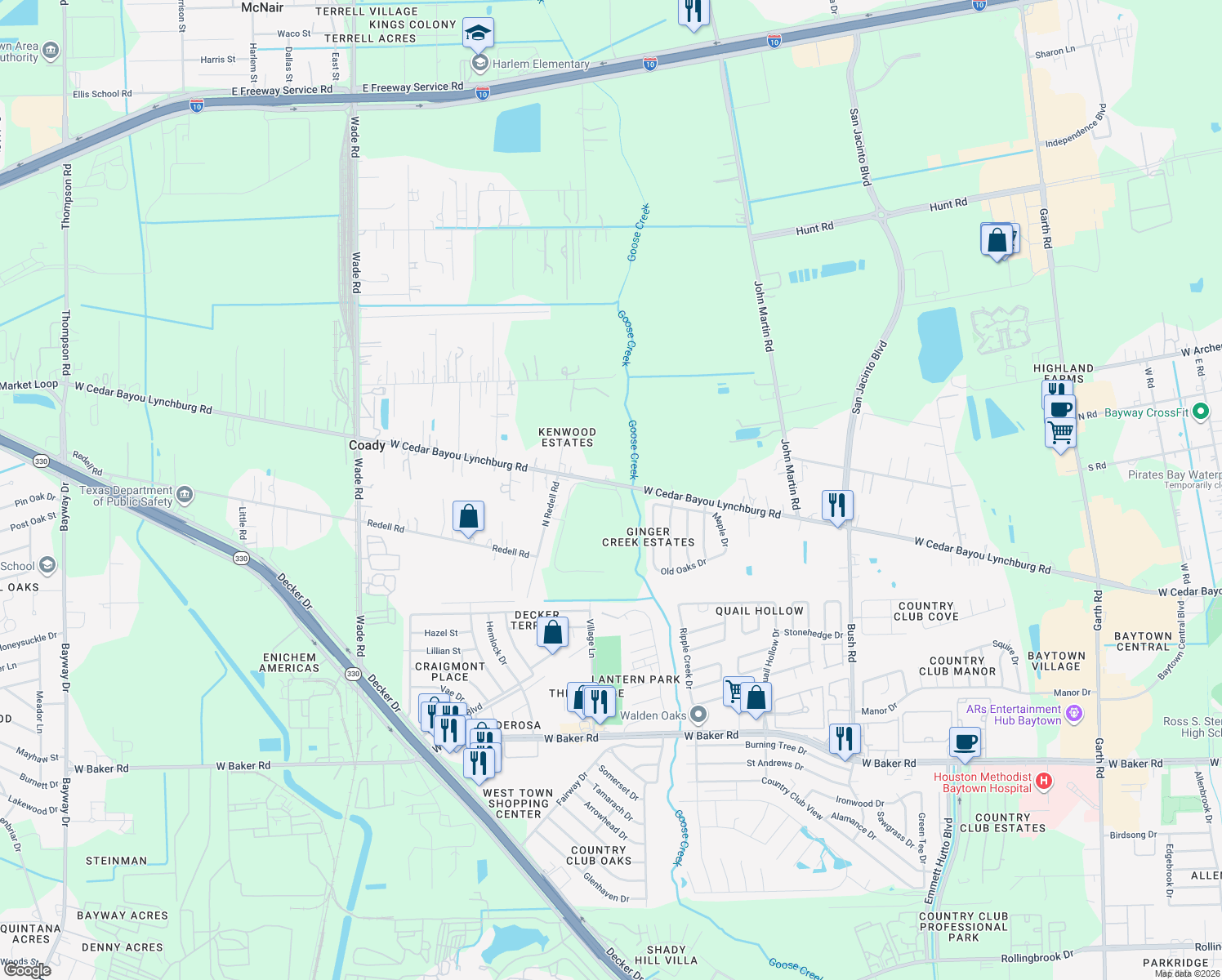 map of restaurants, bars, coffee shops, grocery stores, and more near 3401-3699 West Cedar Bayou Lynchburg Road in Baytown