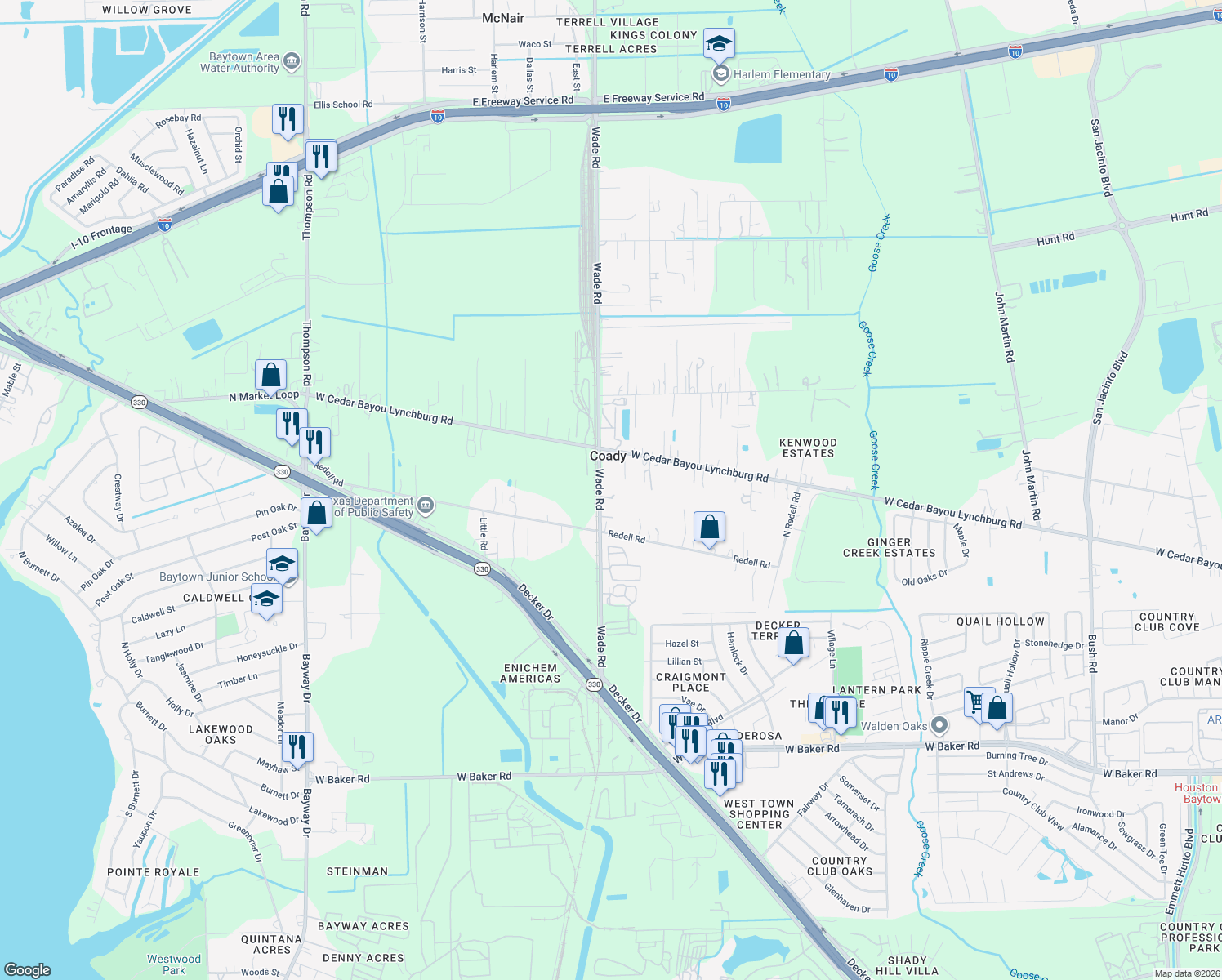 map of restaurants, bars, coffee shops, grocery stores, and more near 5522 Wade Rd in Baytown