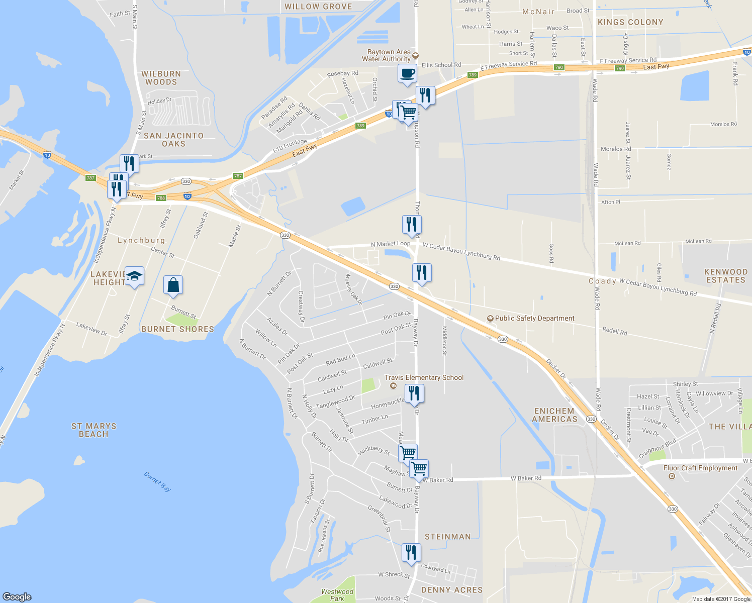map of restaurants, bars, coffee shops, grocery stores, and more near 408 Oak Haven Drive in Baytown