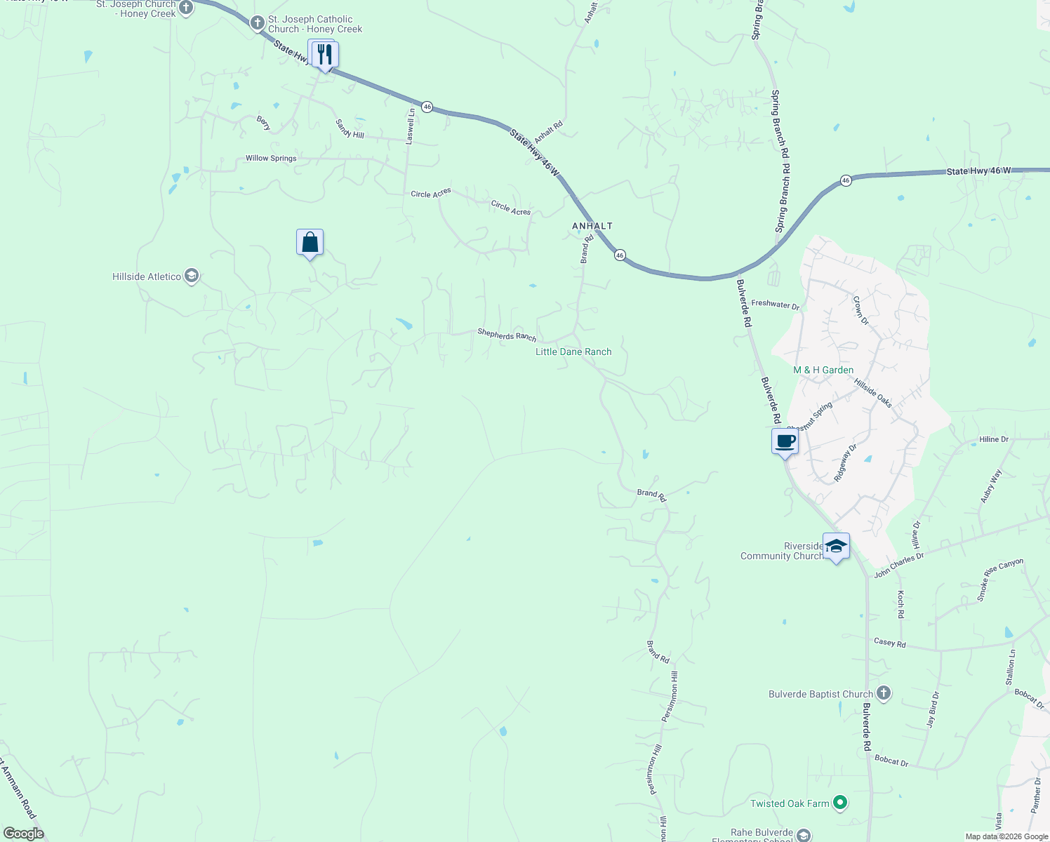 map of restaurants, bars, coffee shops, grocery stores, and more near 236 Shepherds Ranch in Bulverde
