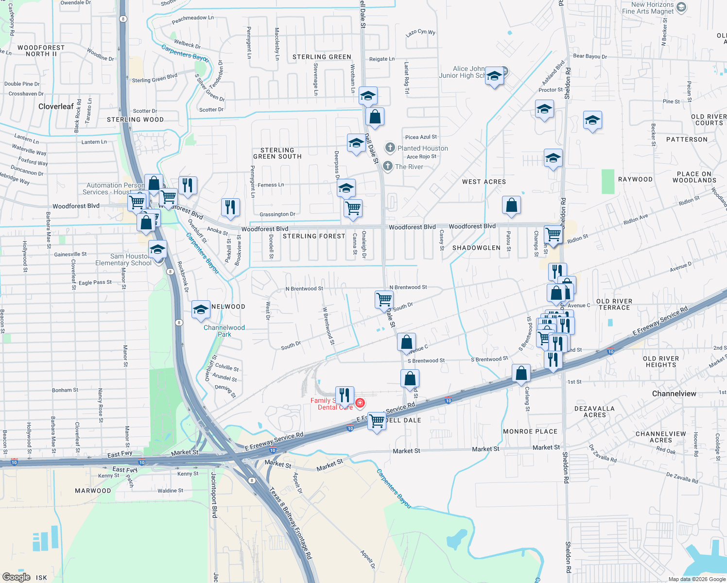 map of restaurants, bars, coffee shops, grocery stores, and more near 15336 North Brentwood Street in Channelview
