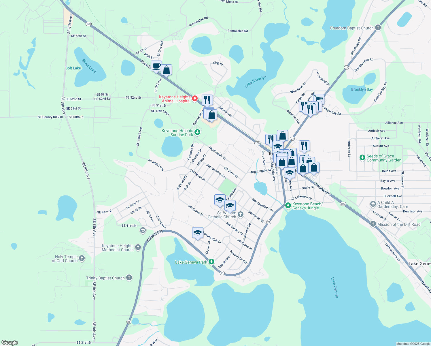 map of restaurants, bars, coffee shops, grocery stores, and more near 675 Southwest Jasmine Avenue in Keystone Heights
