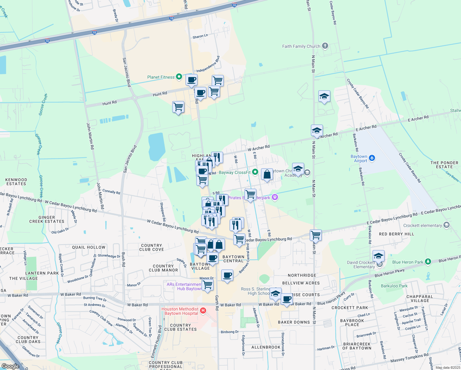 map of restaurants, bars, coffee shops, grocery stores, and more near 812 S Rd in Baytown