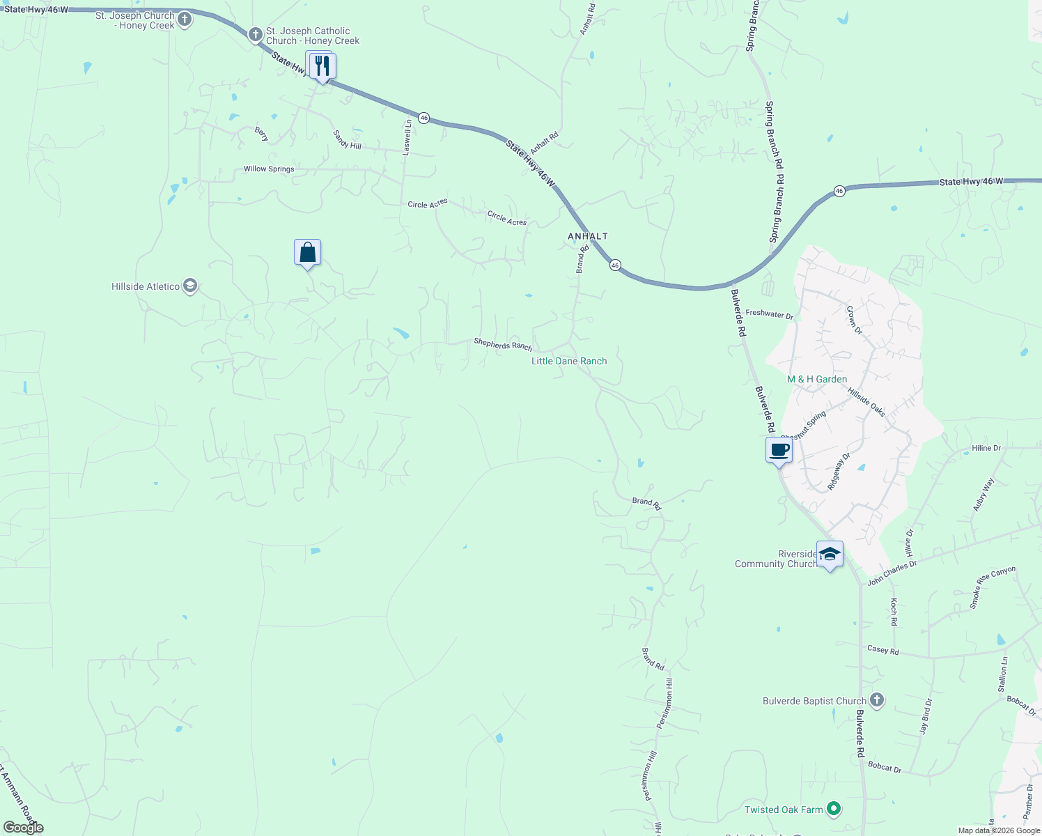 map of restaurants, bars, coffee shops, grocery stores, and more near 236 Shepherds Ranch in Bulverde
