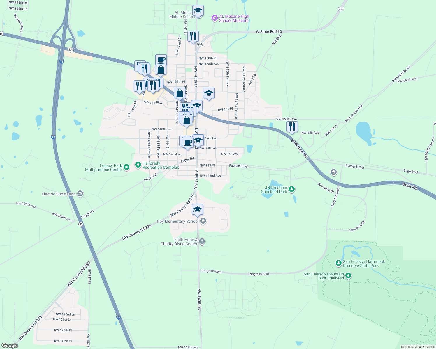 map of restaurants, bars, coffee shops, grocery stores, and more near 14201 Northwest 137th Terrace in Alachua