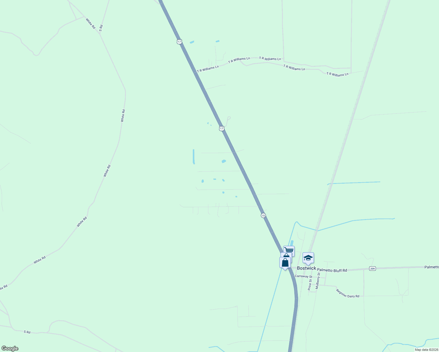 map of restaurants, bars, coffee shops, grocery stores, and more near 117 Jack Road in Palatka