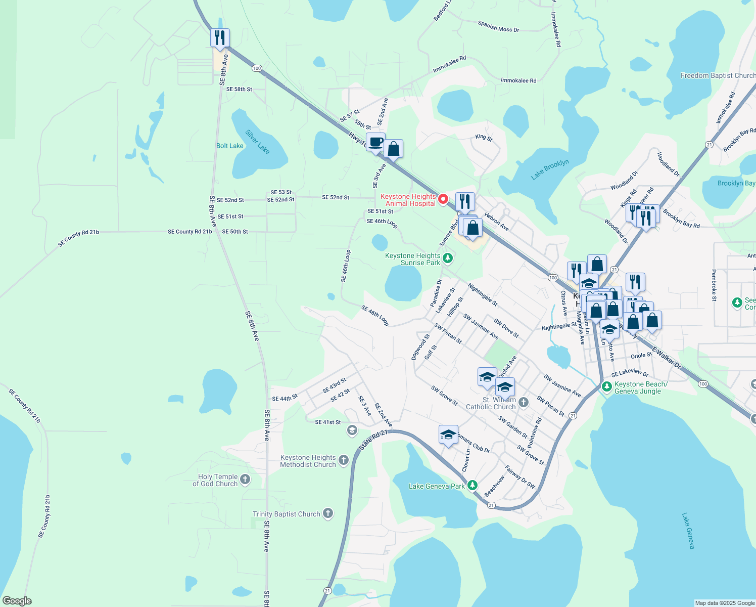 map of restaurants, bars, coffee shops, grocery stores, and more near 279 Southeast 46th Loop in Keystone Heights