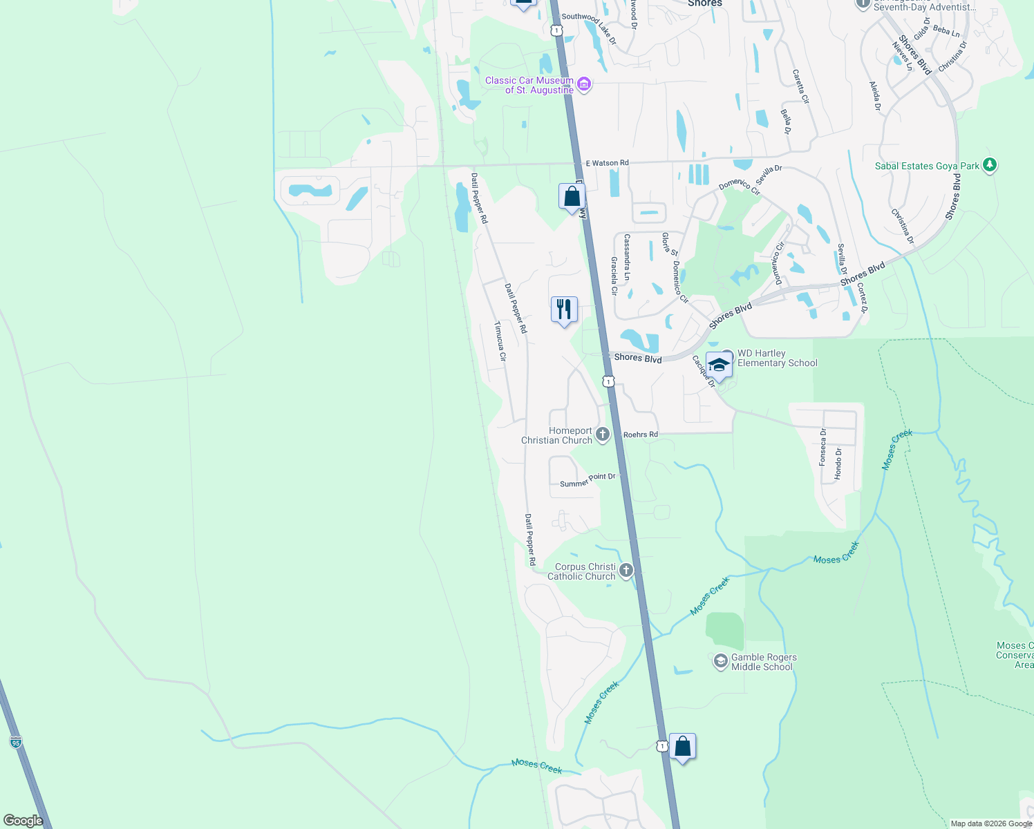 map of restaurants, bars, coffee shops, grocery stores, and more near 304 J West Court in St. Augustine