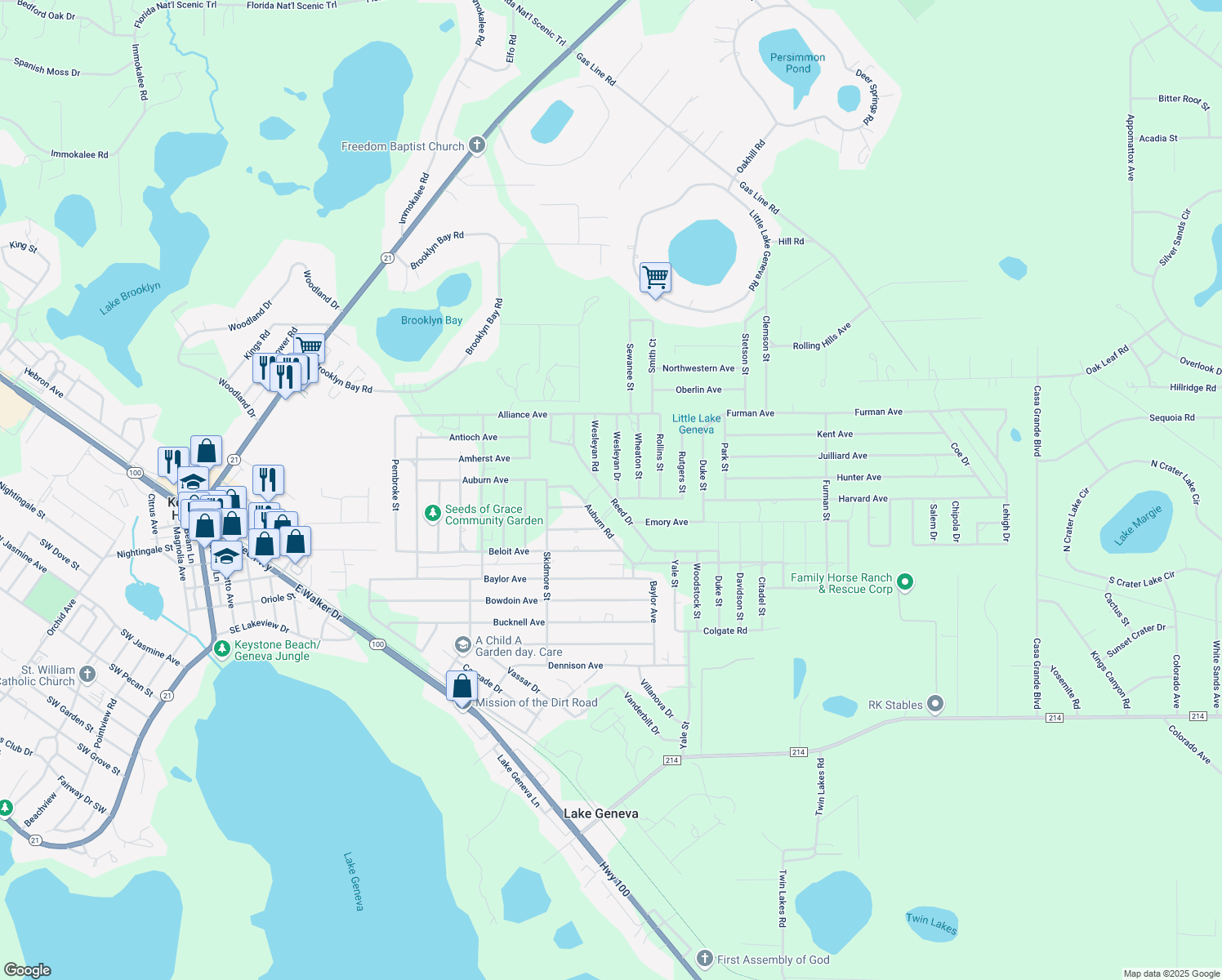 map of restaurants, bars, coffee shops, grocery stores, and more near 7186 Wesleyan Drive in Keystone Heights