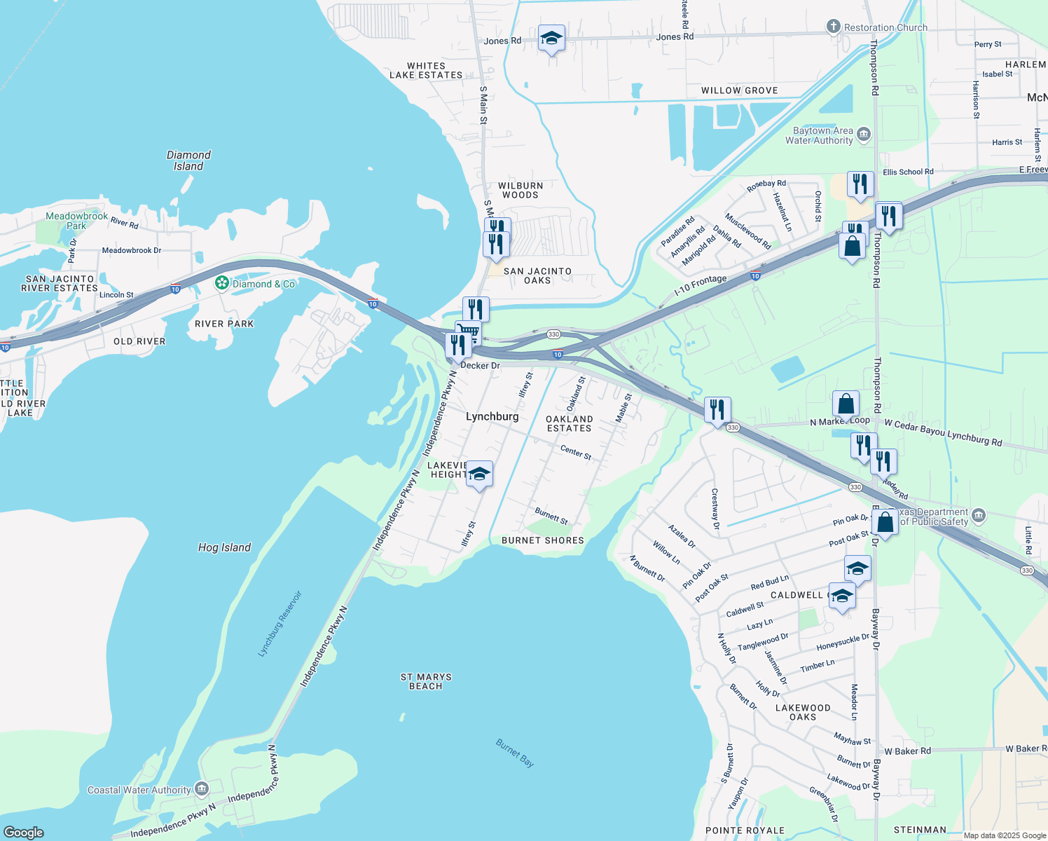 map of restaurants, bars, coffee shops, grocery stores, and more near 128 Ilfrey Street in Baytown
