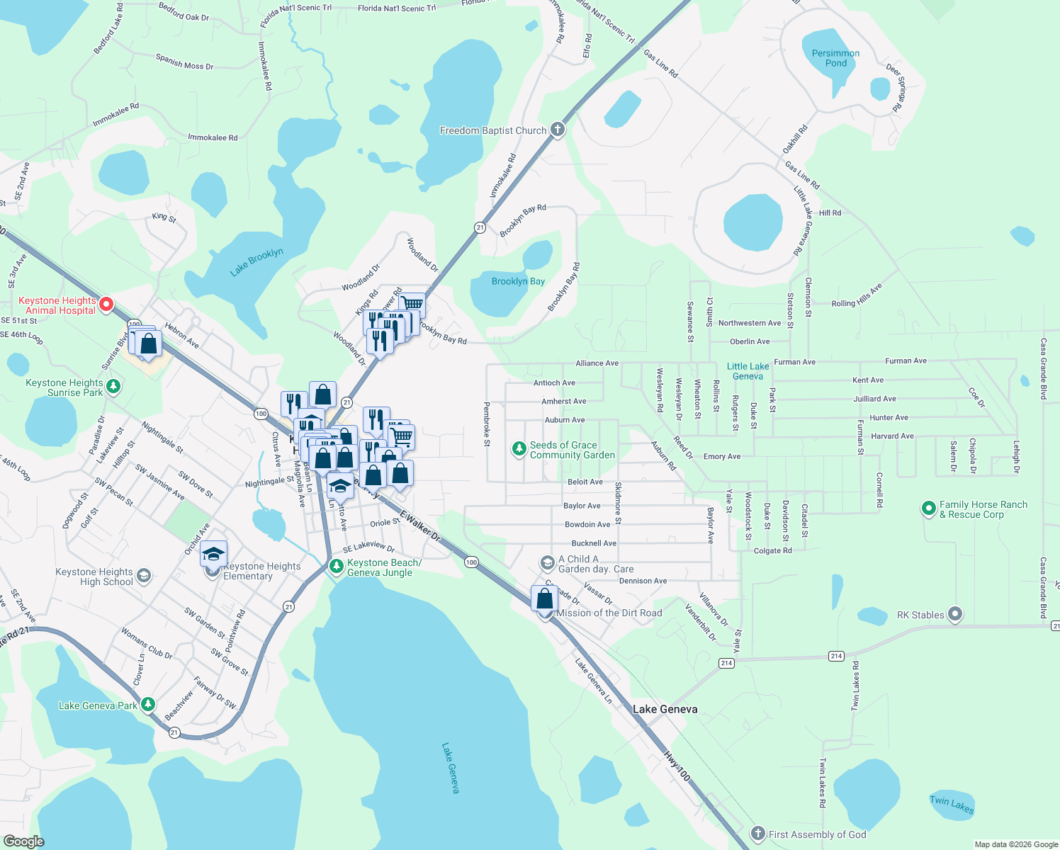 map of restaurants, bars, coffee shops, grocery stores, and more near 7181 Notre Dame Street in Keystone Heights