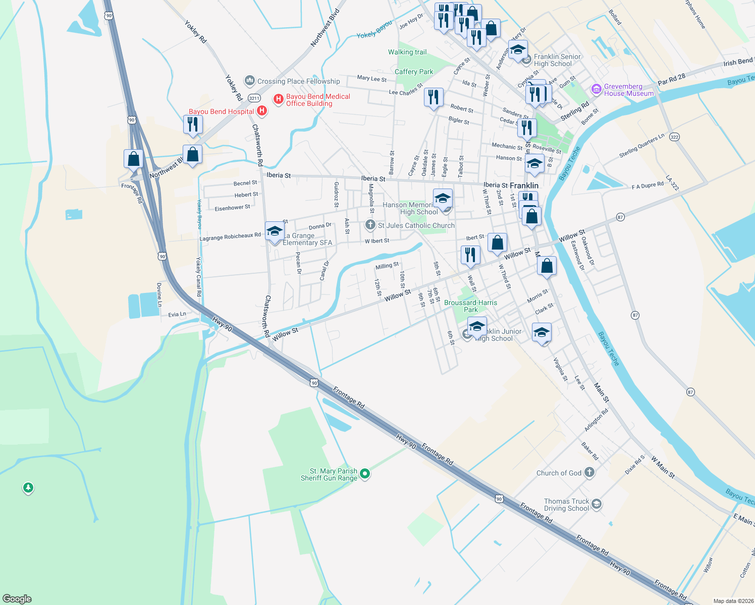 map of restaurants, bars, coffee shops, grocery stores, and more near 522 Florida Street in Franklin