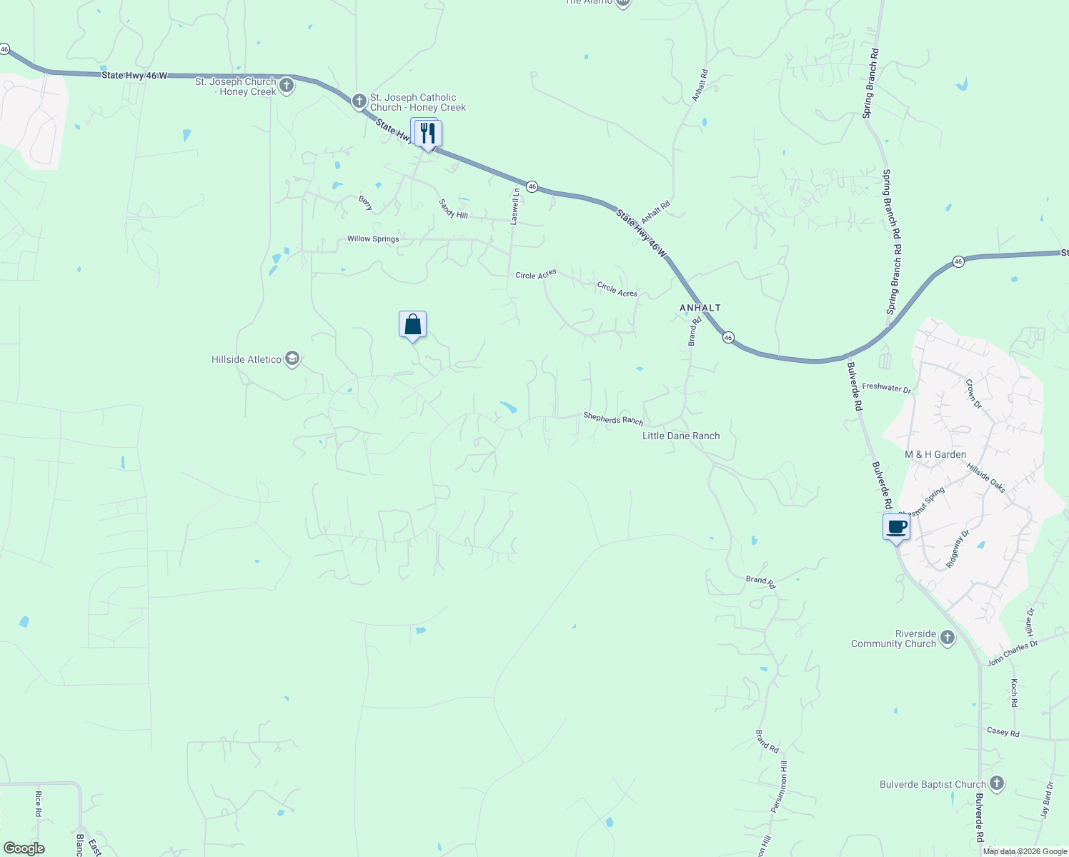 map of restaurants, bars, coffee shops, grocery stores, and more near 655 Shepherds Ranch in Bulverde