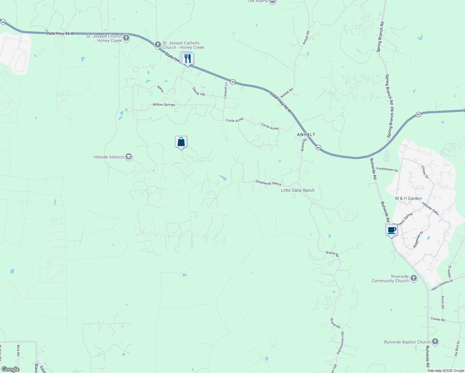 map of restaurants, bars, coffee shops, grocery stores, and more near 655 Shepherds Ranch in Bulverde