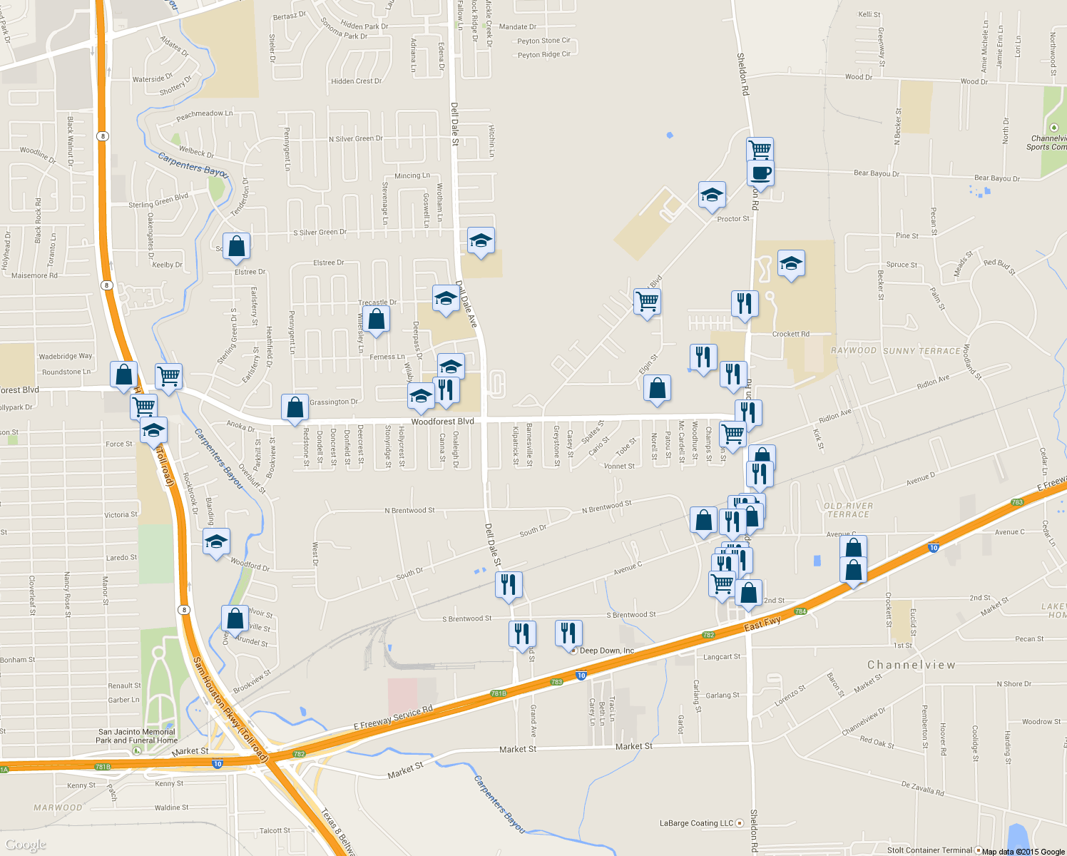 map of restaurants, bars, coffee shops, grocery stores, and more near 822 Barnesville Street in Channelview