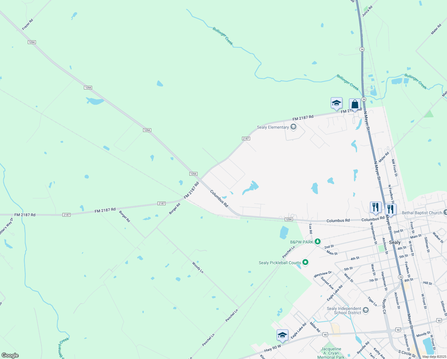 map of restaurants, bars, coffee shops, grocery stores, and more near 1418 Hillcrest Dr in Sealy