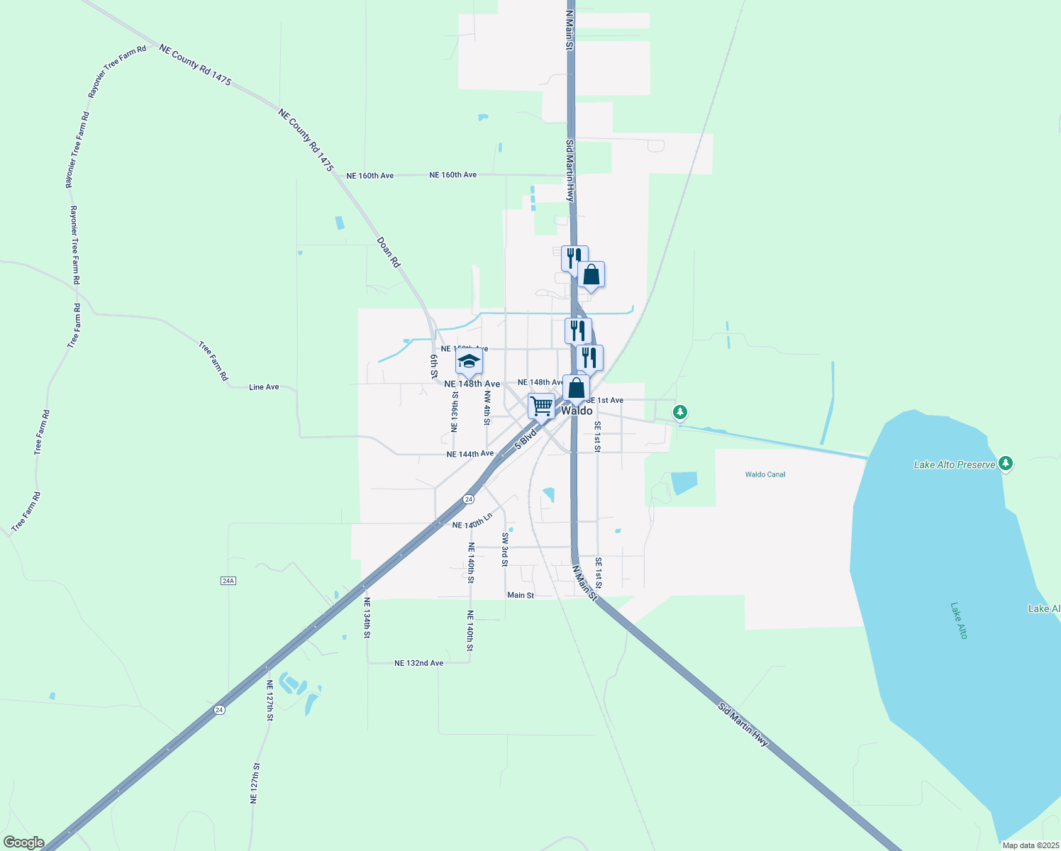 map of restaurants, bars, coffee shops, grocery stores, and more near Southwest 4th Boulevard in Waldo